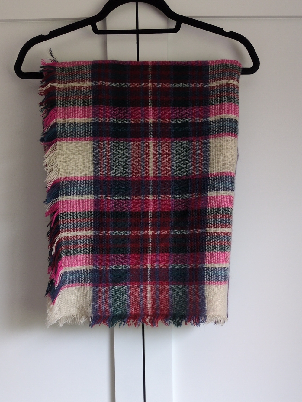 Plaid Blanket Scarf Oversized Pink Cream Teal Woven Fringe